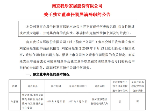我乐家居财报发布前夕，一高管提出辞职